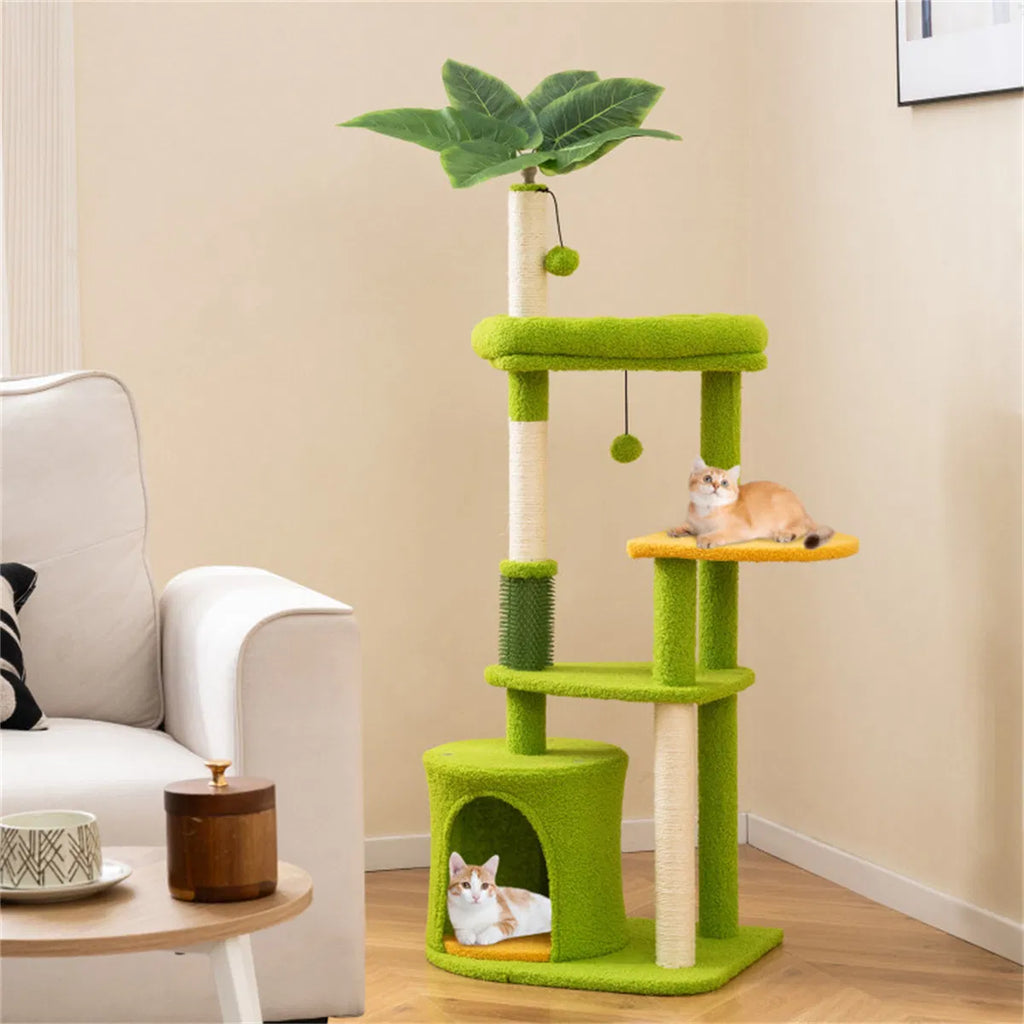 Cat tree with self-groomer and sisal scratching posts, green and orange