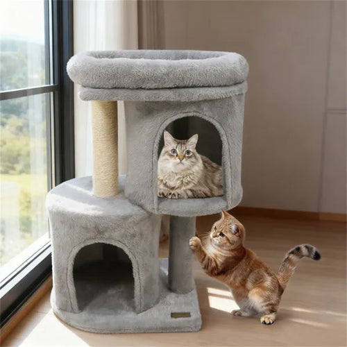 Compact cat tree with cozy condos, side view