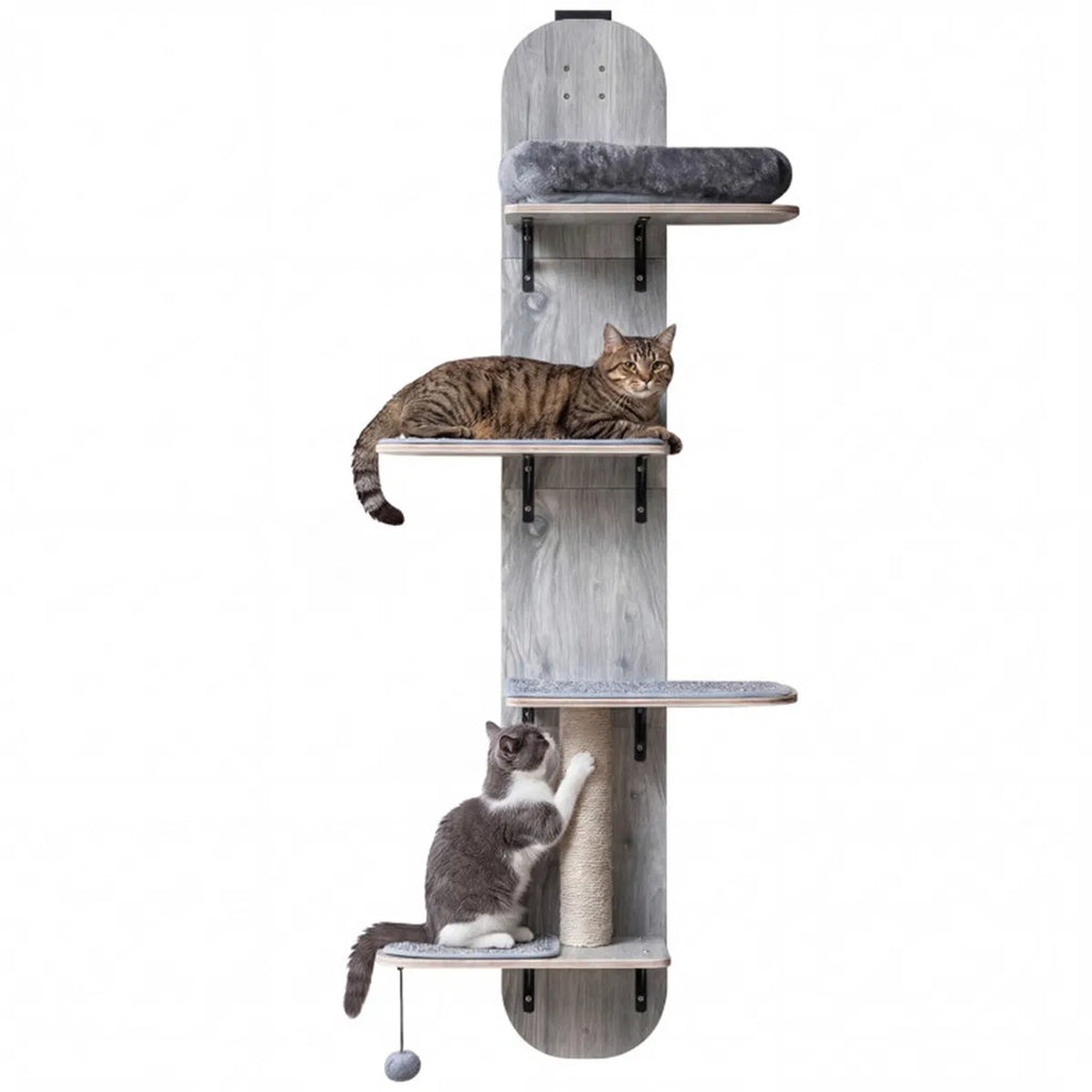 Door hanging cat tree product shot – grey 5-level climber with plush perch, scratching post and two cats