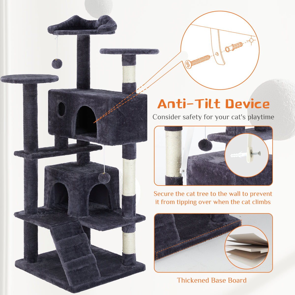 Dark gray cat treehouse safety features – anti-tilt wall device, secure strap, thickened base board