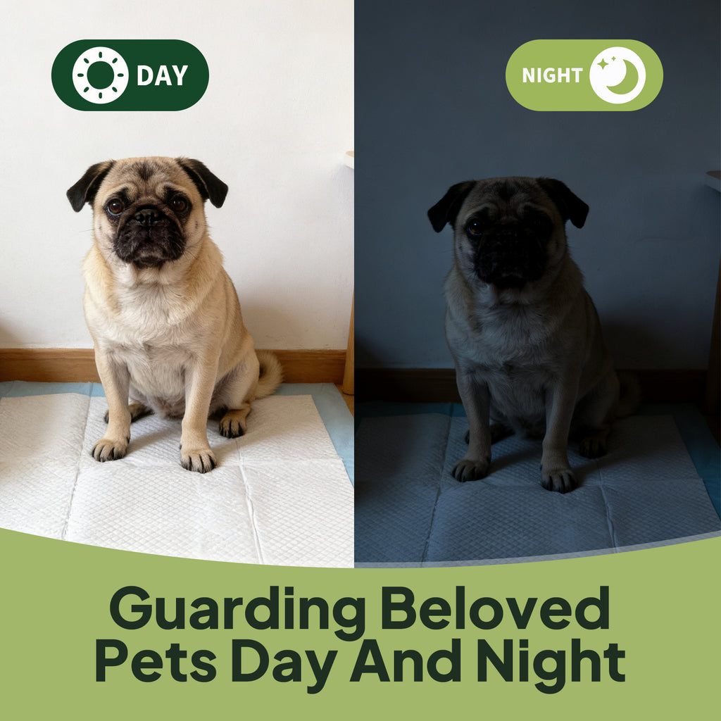 Pug sitting on disposable dog training pad day and night, guarding beloved pets day and night