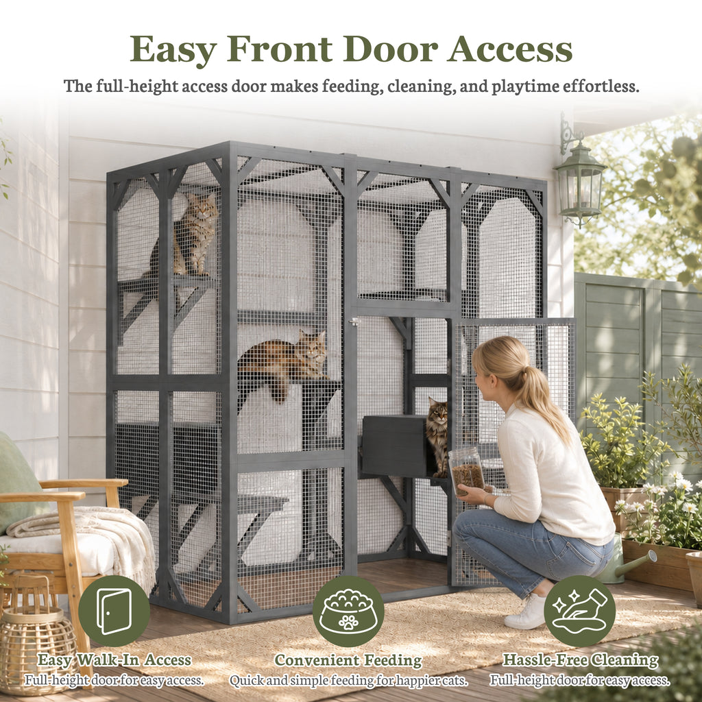 Infographic showing easy front door access to the grey cat enclosure, with a woman feeding cats through the full-height door on a patio