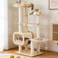 Natural wood 4-story cat tree with three cats, sisal columns, open condo and space capsules