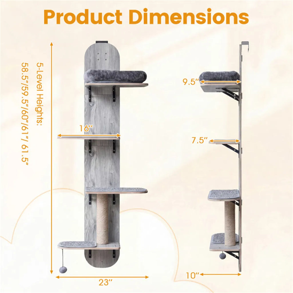 Product dimensions diagram for door hanging cat tree – 5-level heights 58.5 to 61.5 inches, 23 inches wide