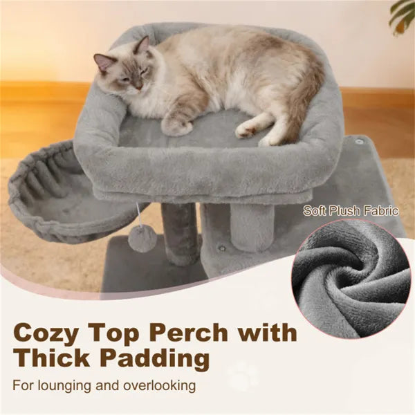 Cat sleeping on cozy padded top perch of light gray cat tree with soft plush fabric detail