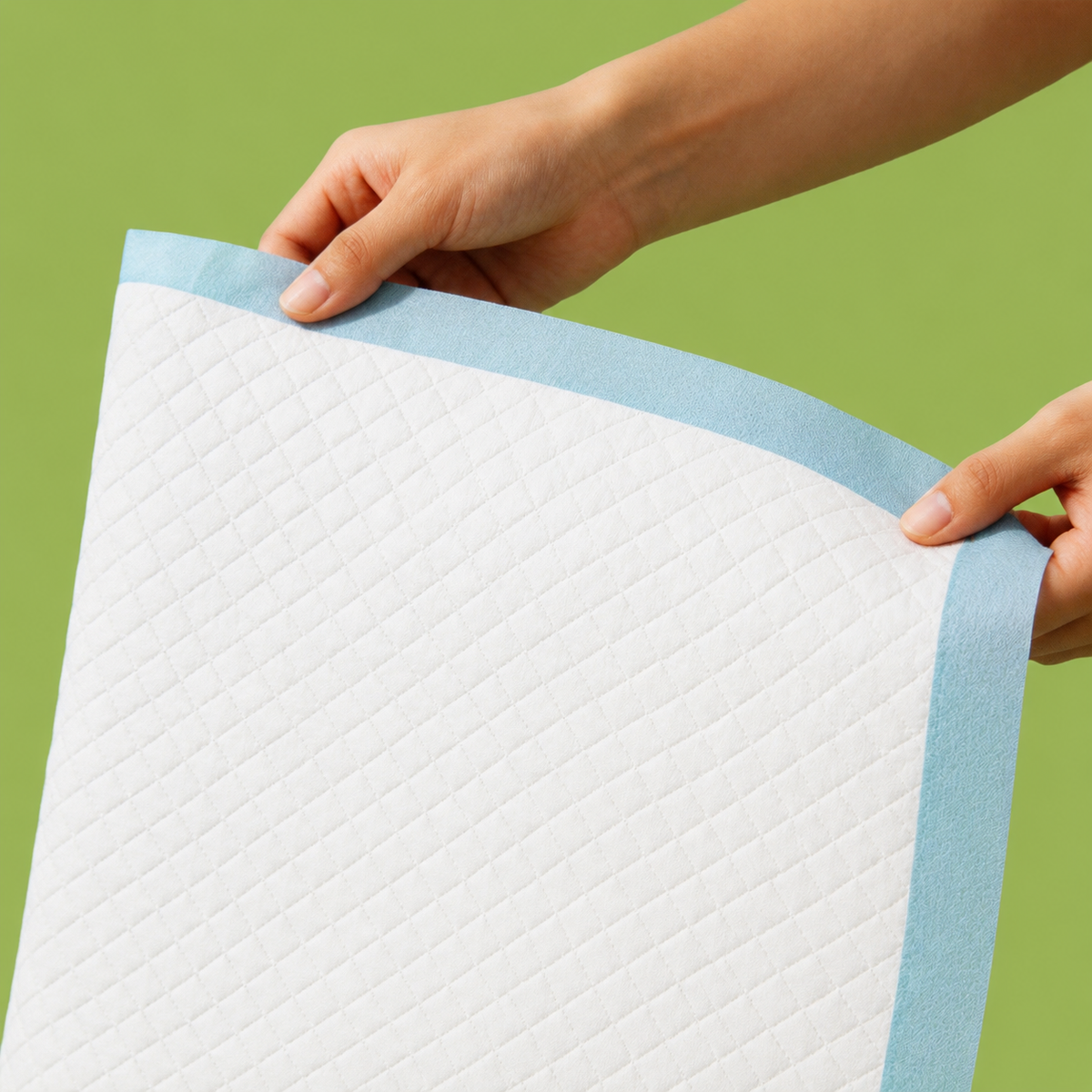 Hands holding quilted white disposable dog training pad with blue border showing tear-resistant quilted top