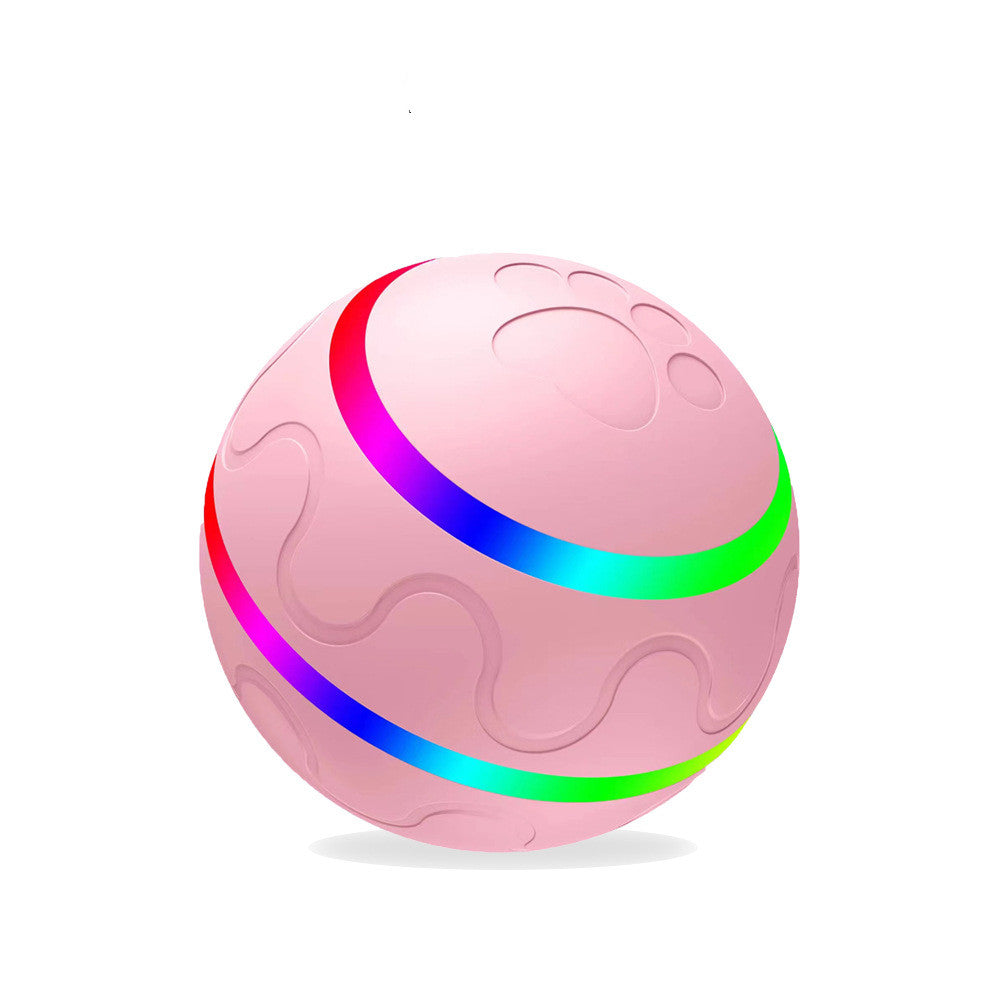 Pink intelligent self-rotating cat ball with paw print texture and rainbow LED light strips on white background.