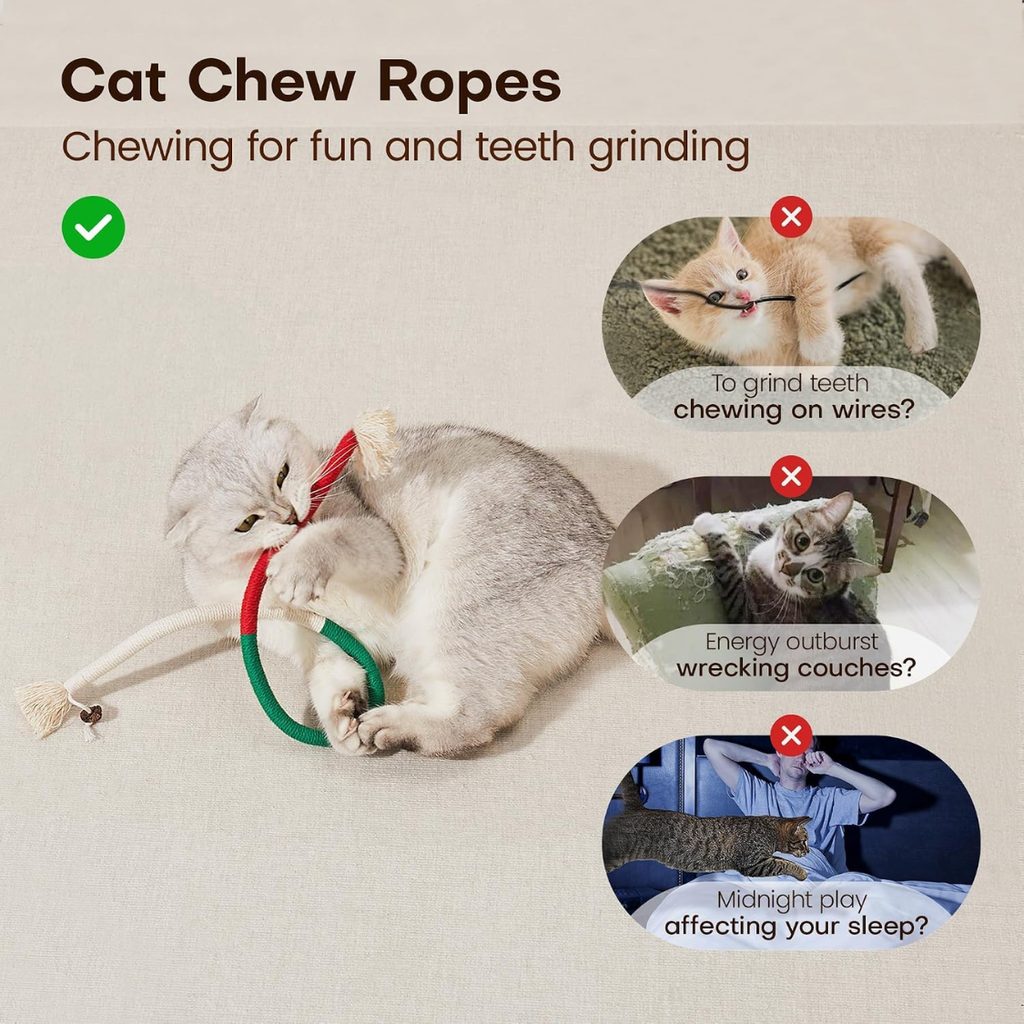 Chewing for fun and teeth grinding graphic showing a silver cat playing with the rope toy and three problem behaviors it replaces, captioned cat chew ropes.