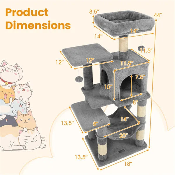 44-inch cat tower showing hammock bed and sisal scratching posts