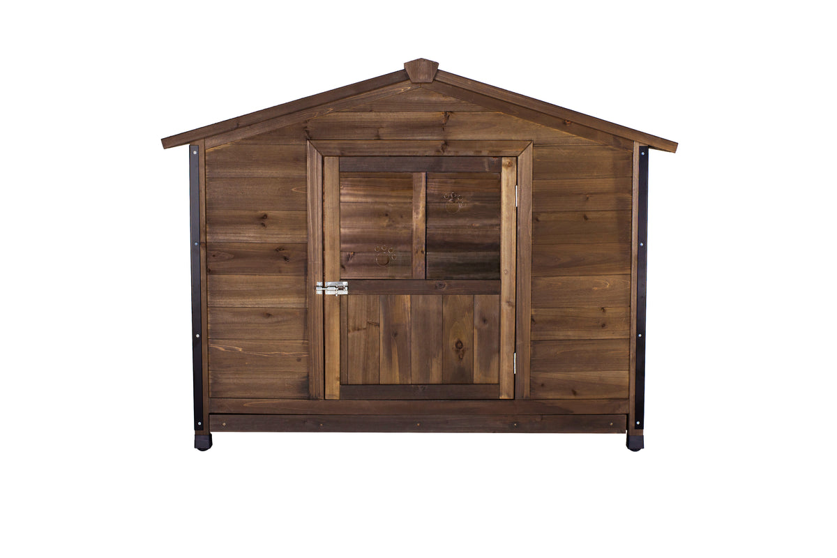 large wooden outdoor dog kennel front view with closed paw-print door