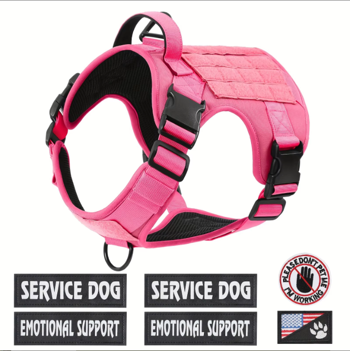 Pink tactical no-pull dog harness vest with black buckles and included service dog patches