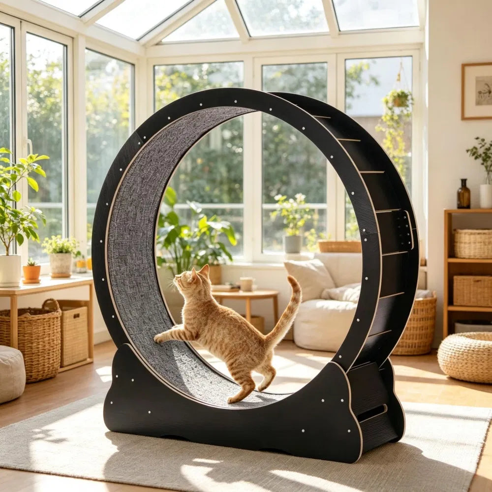 Orange tabby cat climbing inside a black wooden cat exercise wheel in a bright sunroom