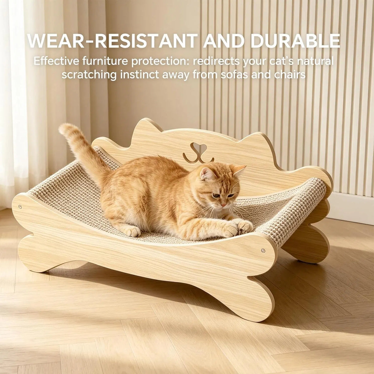 Orange tabby cat scratching on wooden cat scratcher bed – wear-resistant and durable, protects furniture