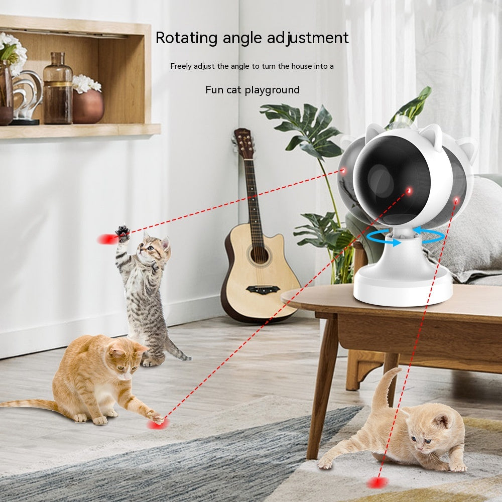 Rotating angle adjustment graphic showing the laser toy projecting red dots as three kittens chase them in a living room, captioned fun cat playground.