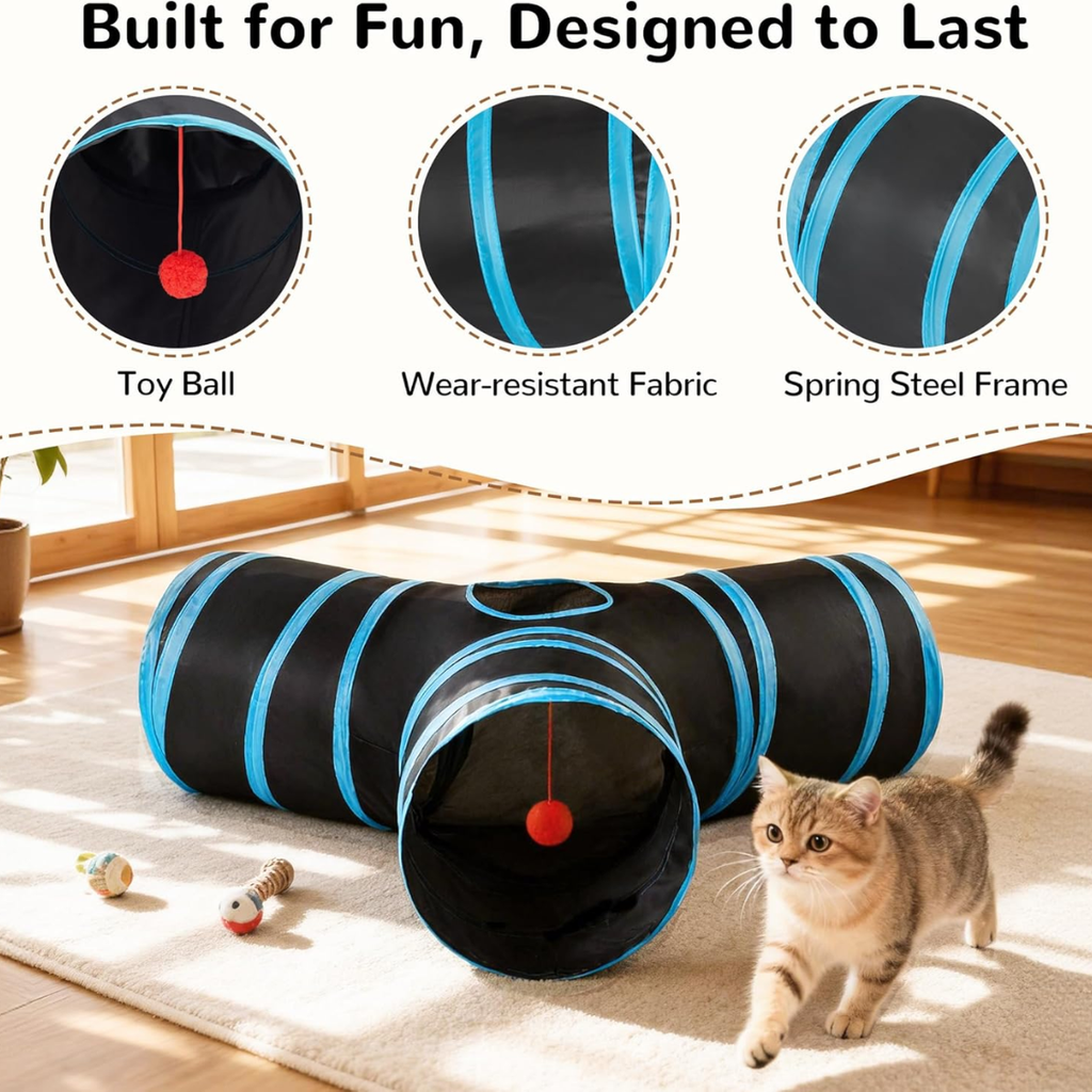 Built for fun designed to last infographic showing toy ball, wear-resistant fabric, spring steel frame and cat exiting the tunnel