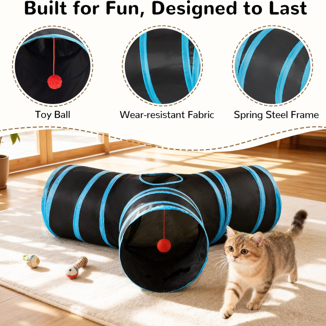 Built for fun designed to last infographic showing toy ball, wear-resistant fabric, spring steel frame and cat exiting the tunnel
