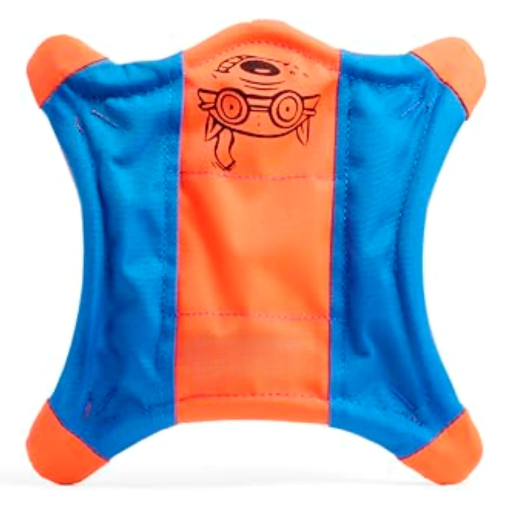 Orange and blue flying squirrel fetch dog toy product shot