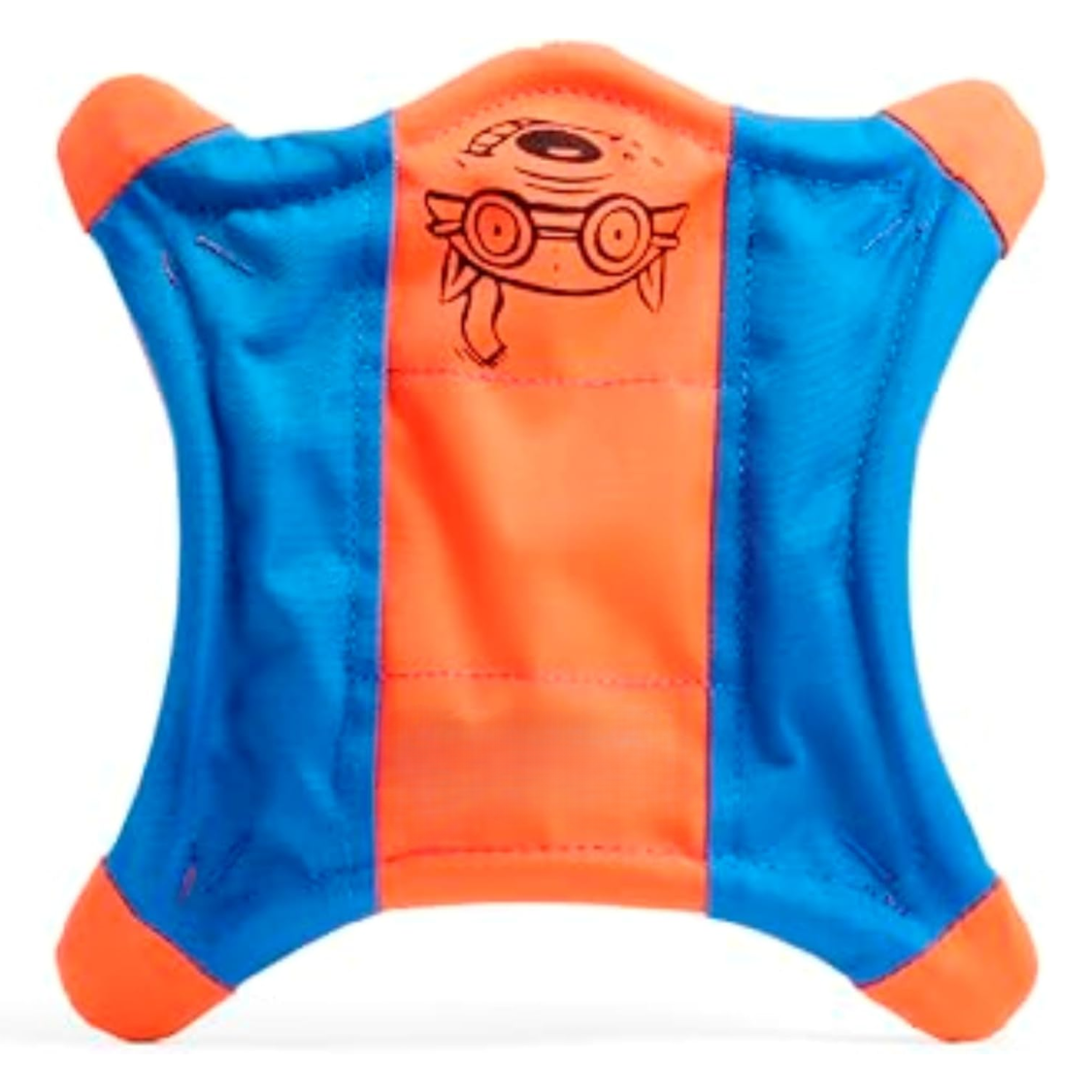 Orange and blue flying squirrel fetch dog toy product shot