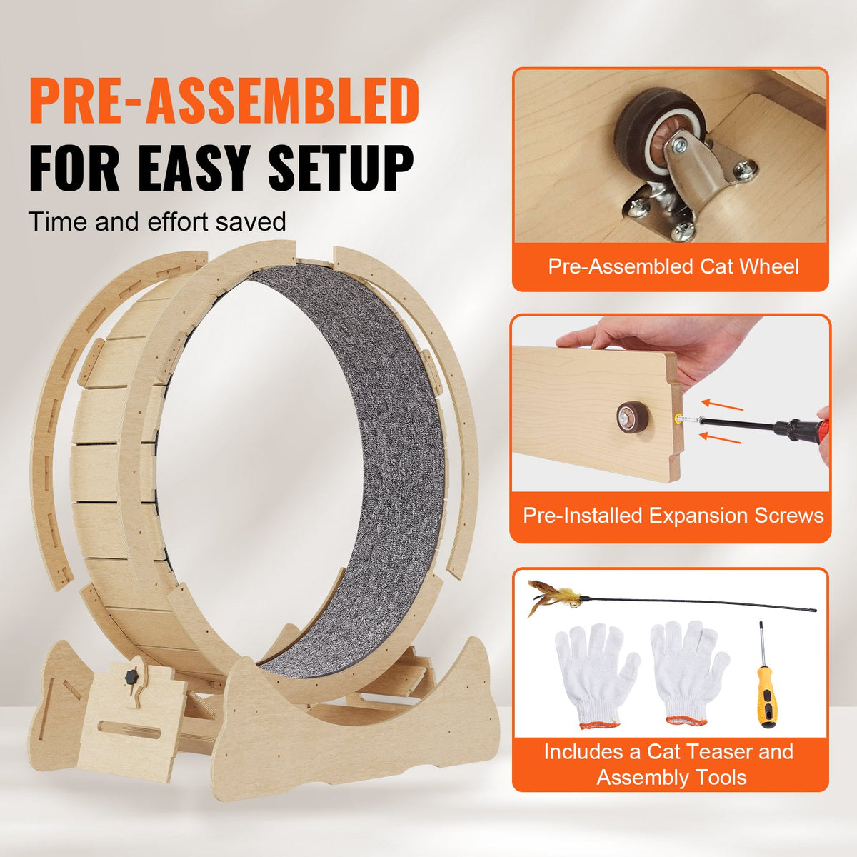 Assembly graphic showing the pre-assembled natural wood cat wheel with pre-installed expansion screws, plus included cat teaser wand, gloves, and screwdriver.