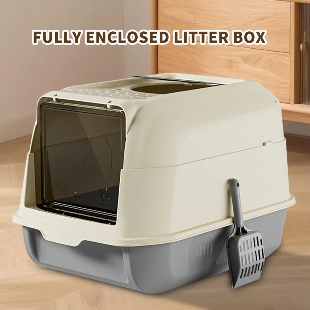 Cat litter box with double-door entry, detail view