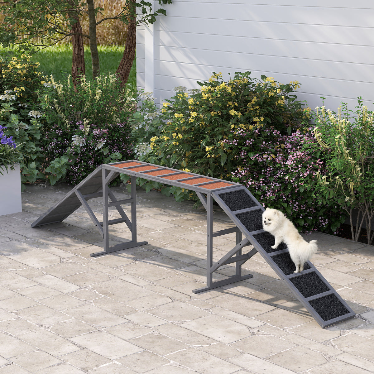 Dog climbing a gray wooden agility ramp in a backyard