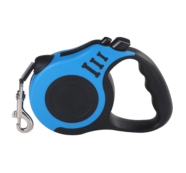 Blue and black 16.5FT retractable dog leash with bone design and metal clasp