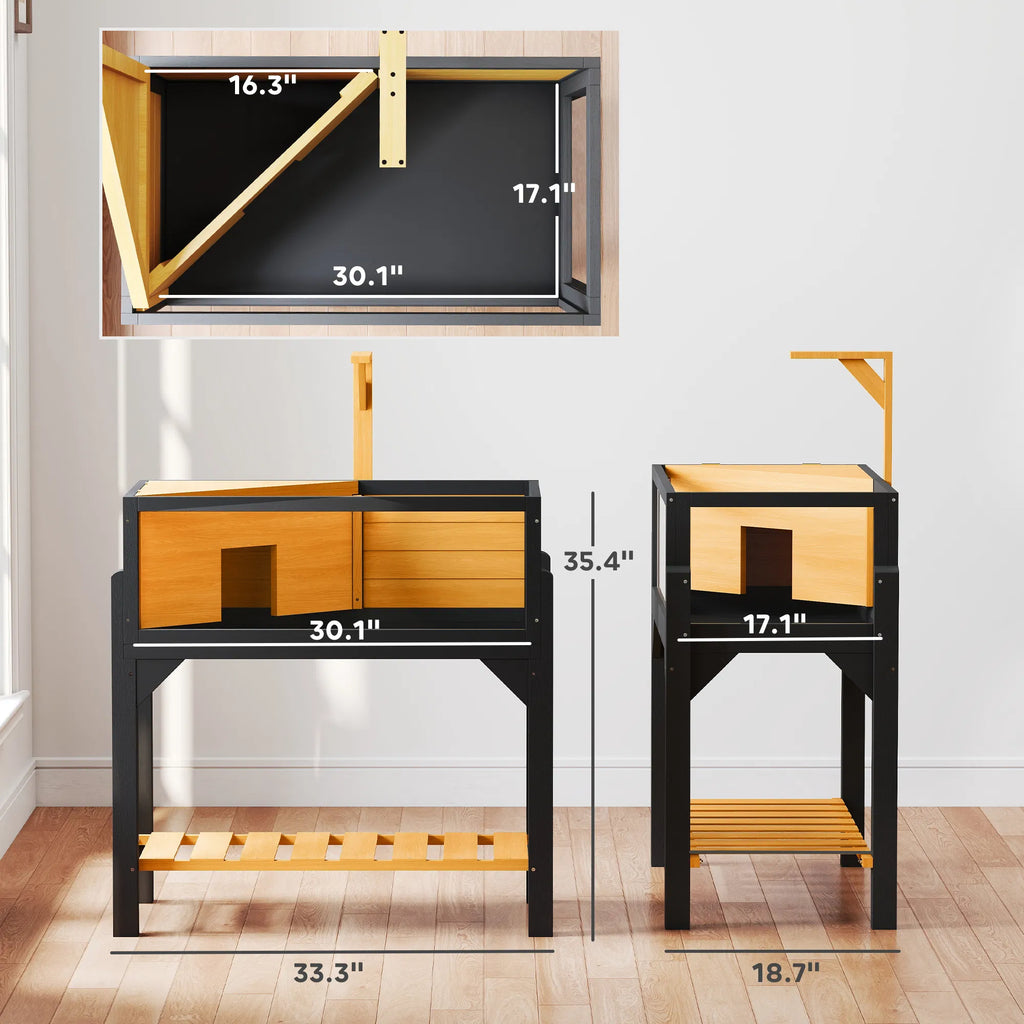 Wooden turtle habitat with built-in tray and storage shelf