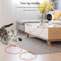 Two ray modes graphic showing the white cat-shaped laser toy projecting red light patterns on a floor as a tabby kitten chases them.