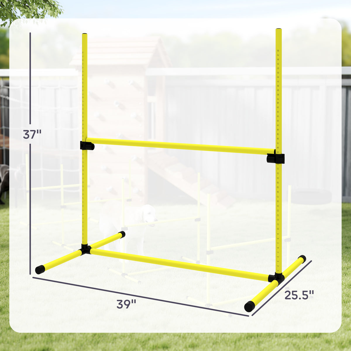 Yellow agility jump bar frame diagram with dimensions, 37 inches high and 39 inches wide