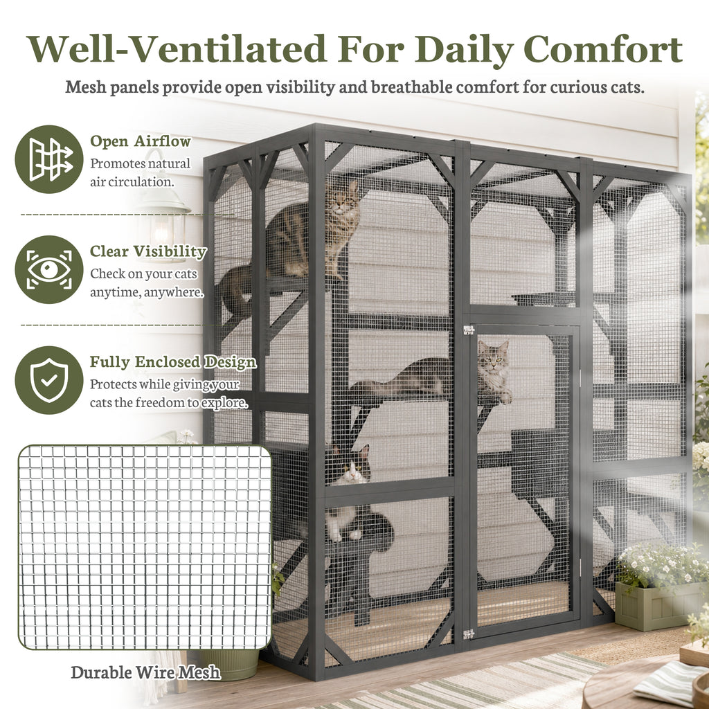 Infographic of the well-ventilated grey cat enclosure with mesh panels, highlighting open airflow, clear visibility, fully enclosed design and durable wire mesh