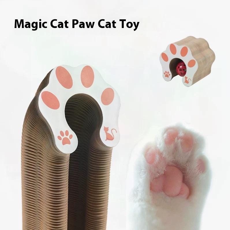 Magic cat paw toy graphic showing the accordion scratcher arched with paw prints as a cat paw reaches toward it, captioned magic cat paw cat toy.