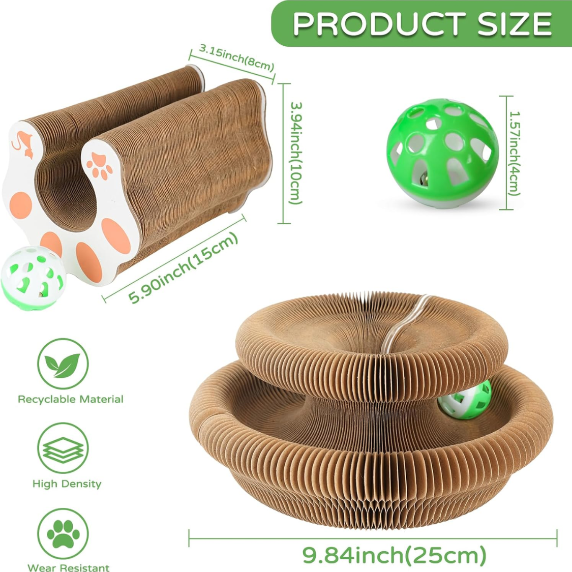 Kitty Kurlz product size – accordion scratcher dimensions, 9.84 inch round tower, recyclable and wear resistant