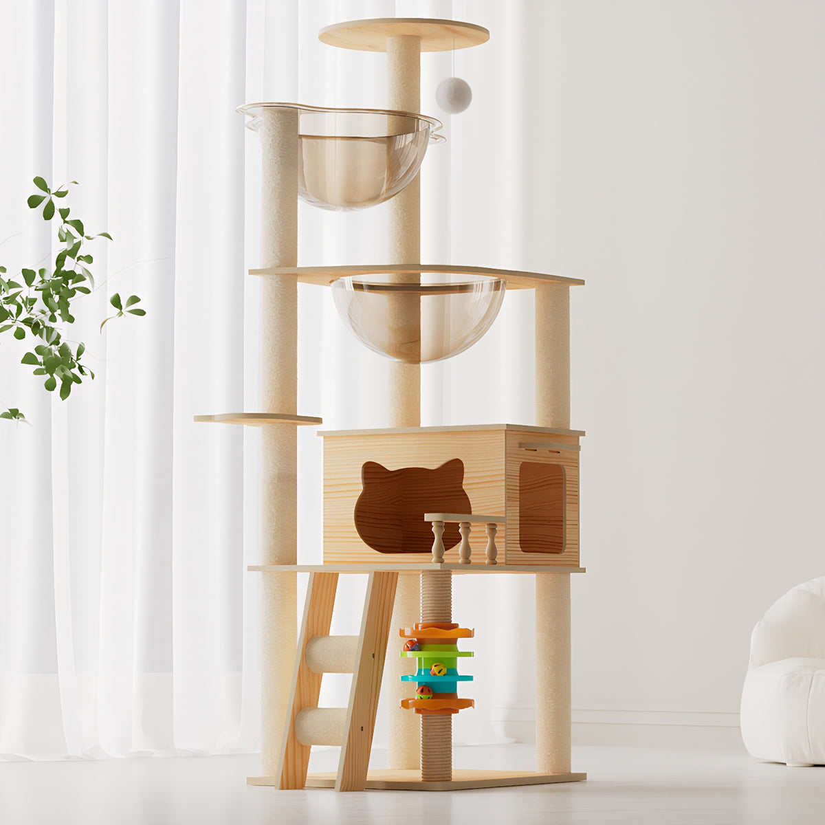 Modern wood 59 inch cat tower with acrylic bowl perches, wooden condo, scratching posts and track toy