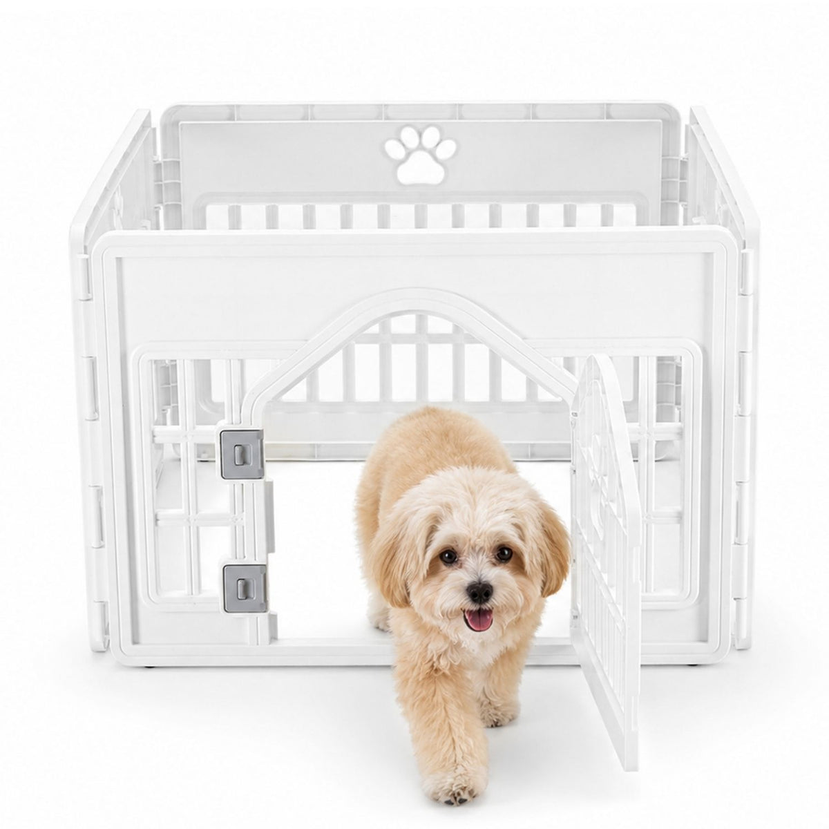 White modular plastic dog playpen with paw print cutout and locking door; small fluffy cream dog walking out of the portable pet fence
