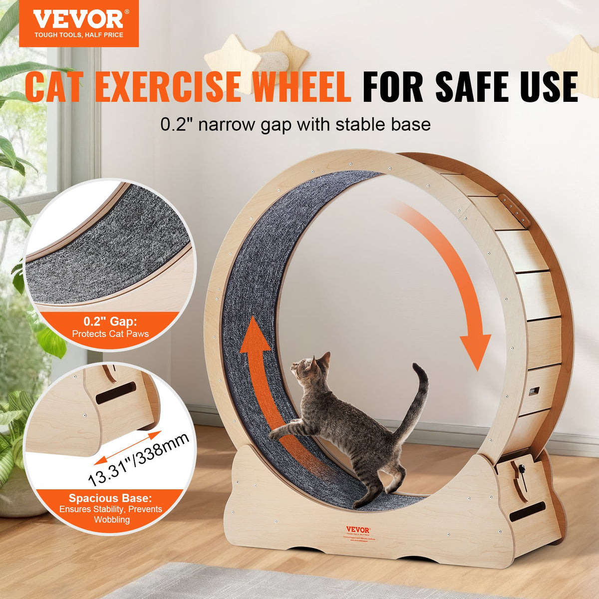 Marketing graphic showing a tabby cat running in the natural wood exercise wheel, highlighting the 0.2-inch narrow gap for paw safety and 13.31-inch spacious stable base.