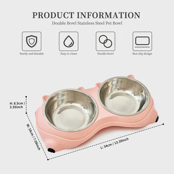 Pink double cat food and water bowl with stainless steel bowls