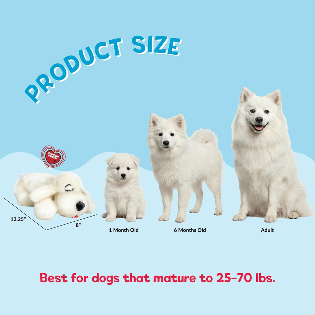 Product size infographic showing cream plush heartbeat toys for dogs 25 to 70 pounds