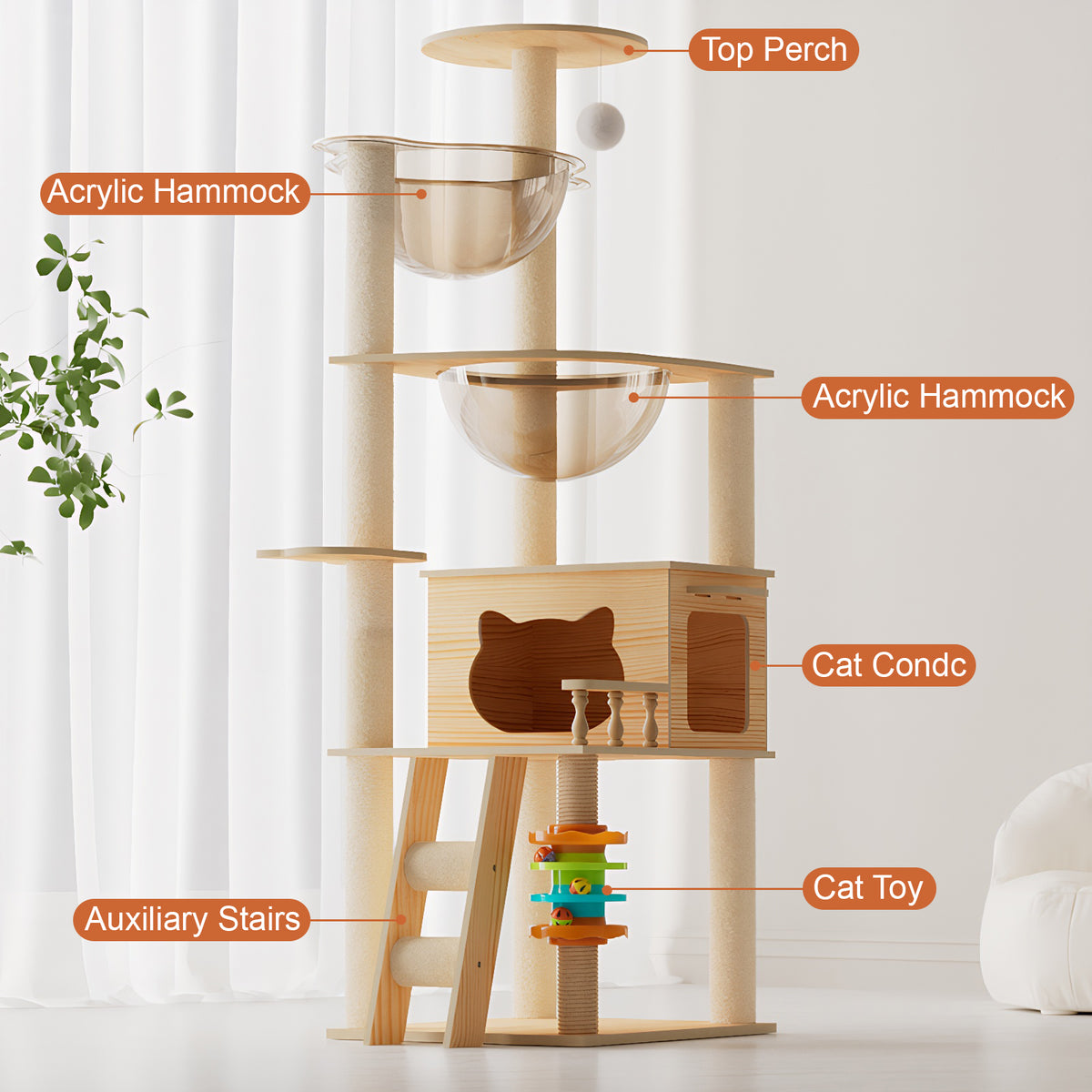 Wood cat tower feature guide labeling top perch, acrylic hammocks, cat condo, toy and stairs