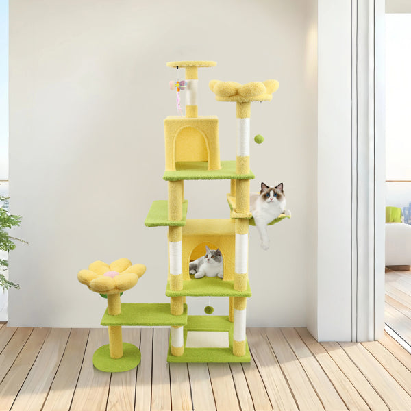 Yellow flower cat tree with hammock and flower-shaped cushion for cats