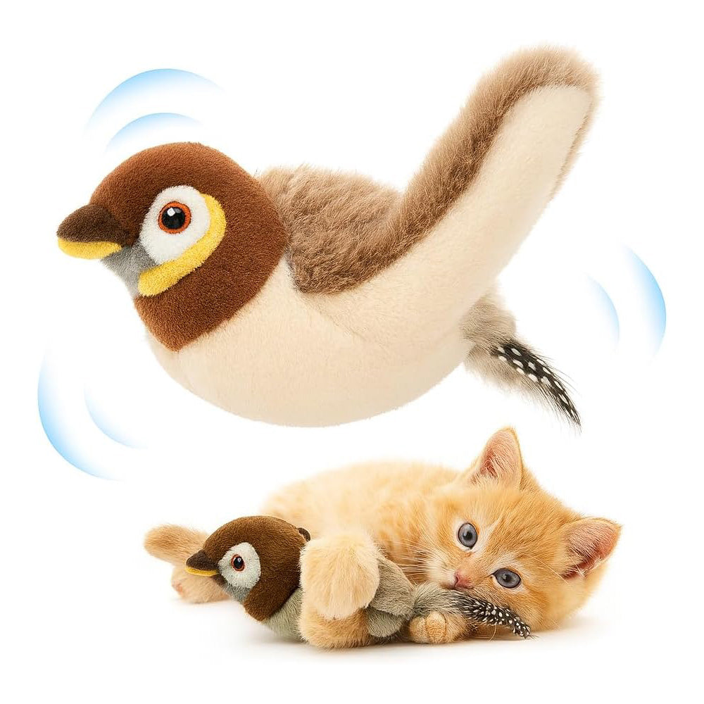 Flapping bird cat toy: brown chirping sparrow plush with flapping wings, shown above an orange kitten hugging the small plush bird toy.