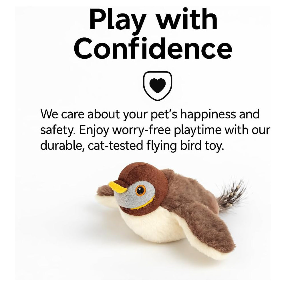 Flapping bird cat toy safety graphic: brown chirping sparrow plush with feather tail, highlighting durable cat-tested play for worry-free playtime.