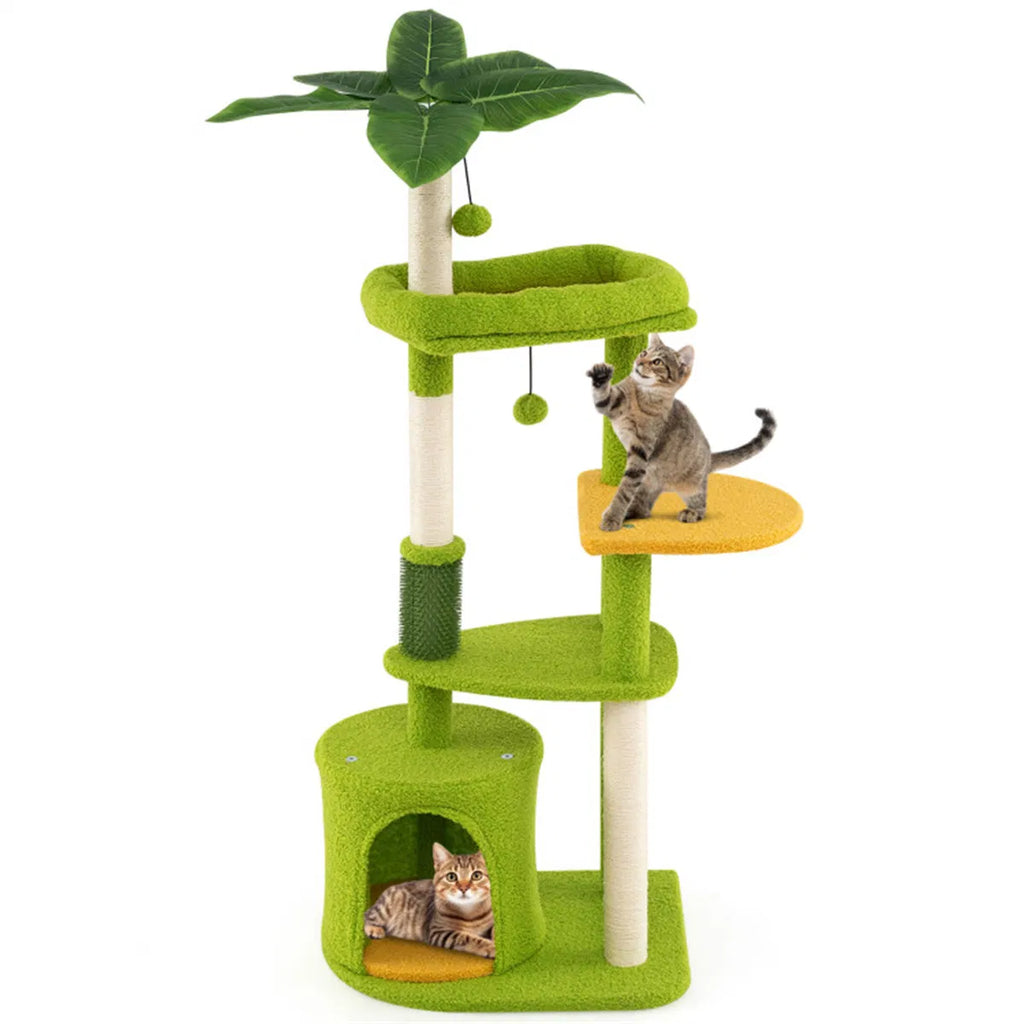 48-inch cat tree with tropical leaves and elevated perch