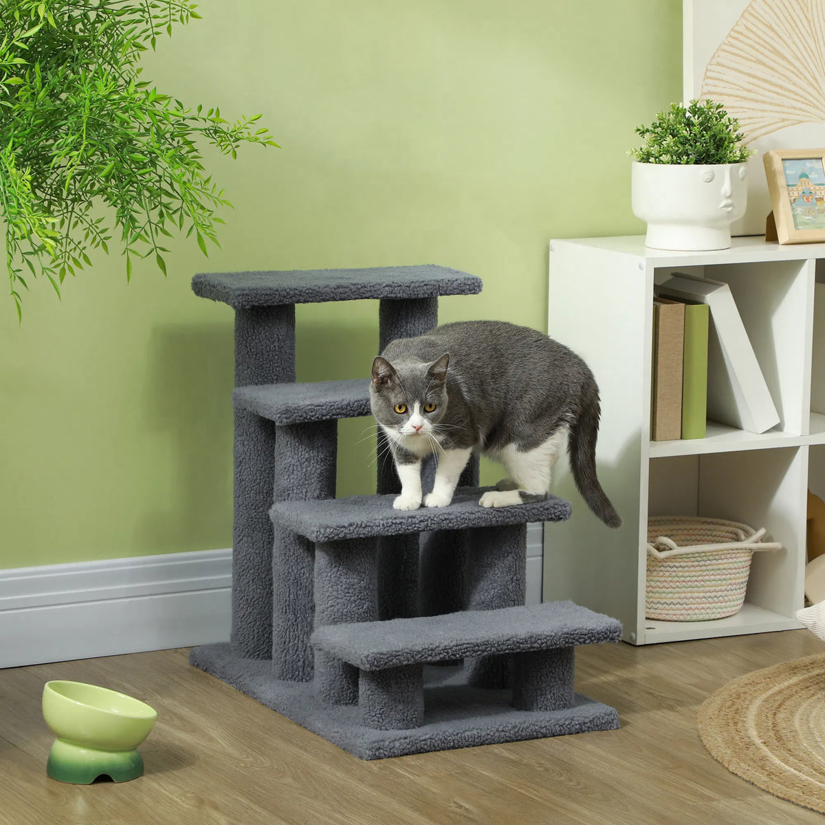 Pet stairs with 4 steps and 8 scratching posts for dogs and cats, grey