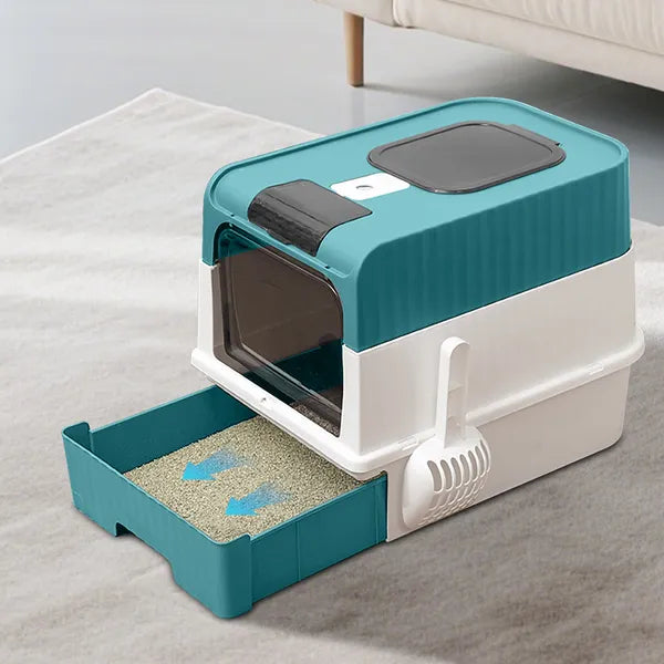 Intelligent cat litter box with automatic cleaning, side view