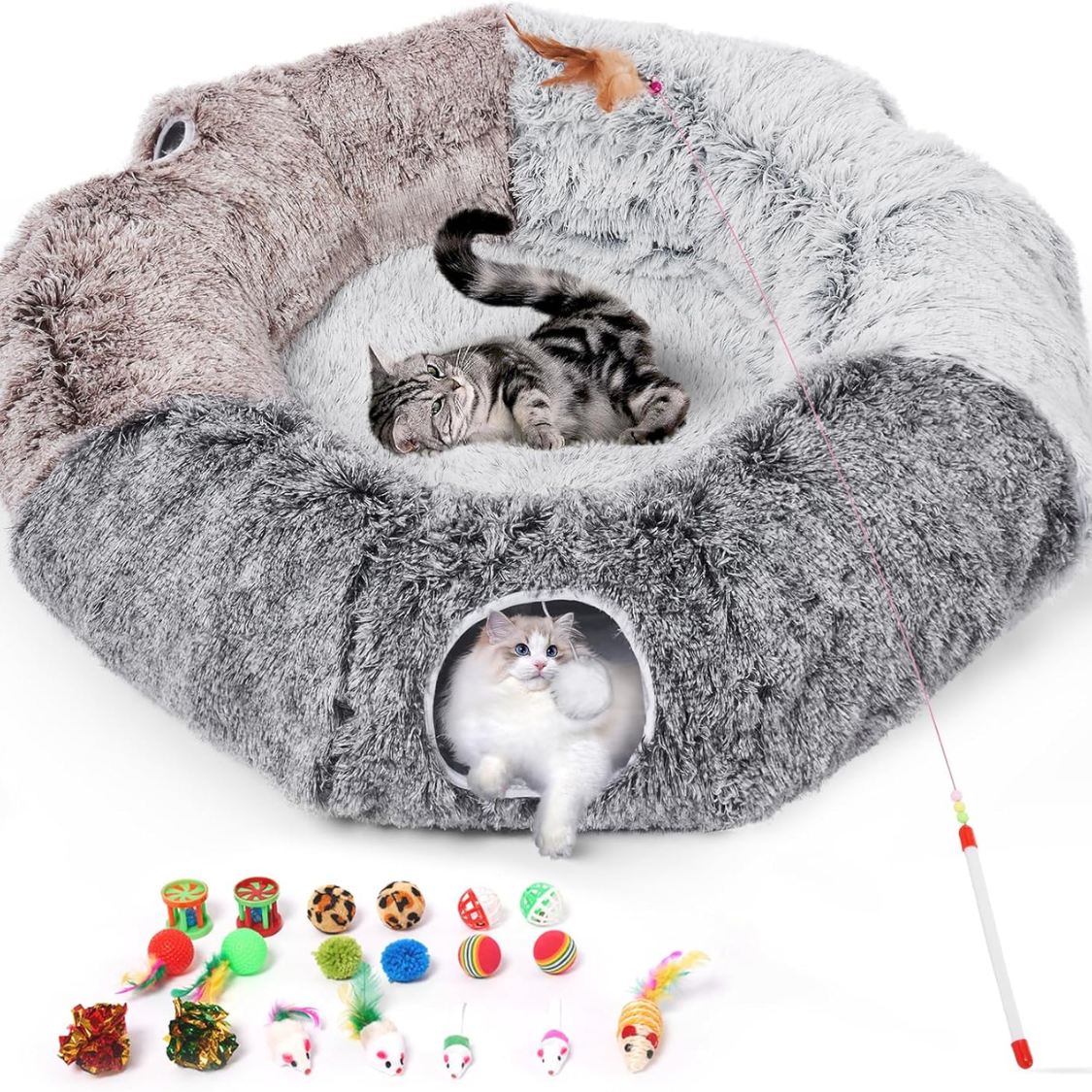 Fluffy gray donut cat tunnel bed with a cat inside