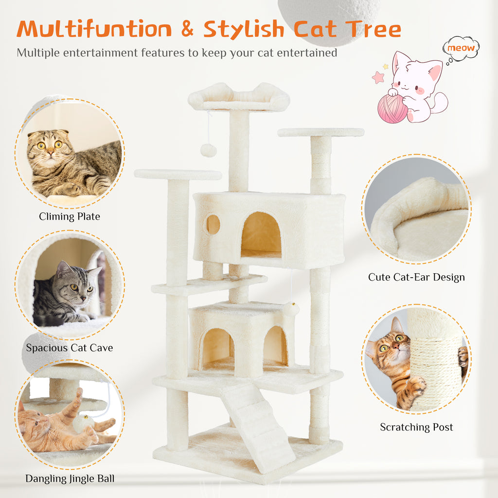 Beige cat tree features – climbing plate, spacious cat cave, dangling jingle ball, cat-ear design, scratching post