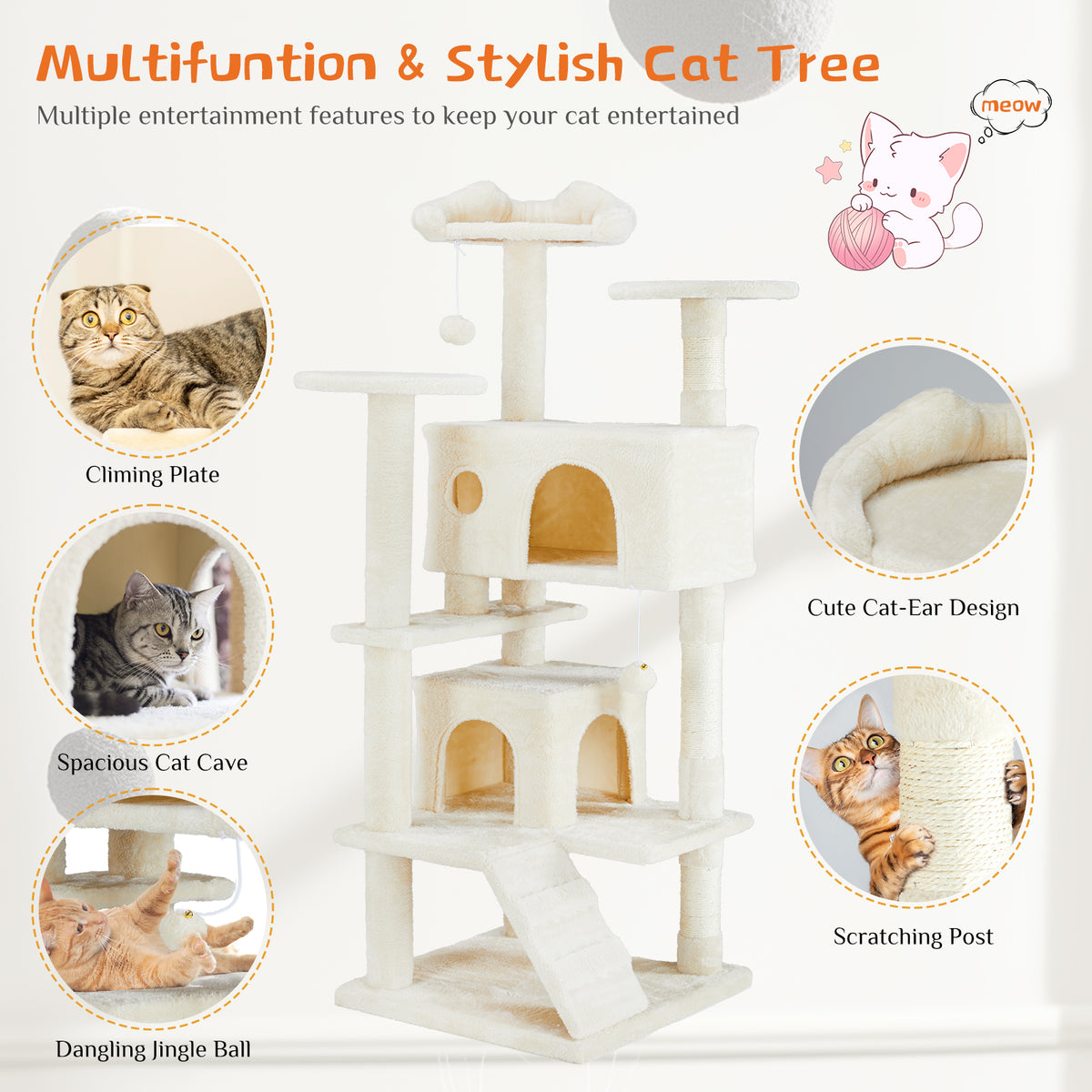 Beige cat tree features – climbing plate, spacious cat cave, dangling jingle ball, cat-ear design, scratching post