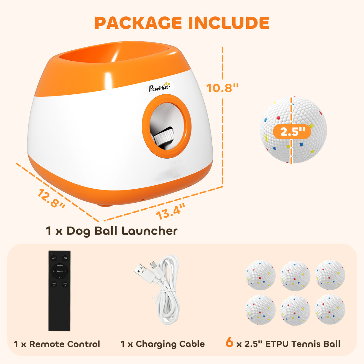 Package contents infographic showing the orange and white ball launcher with dimensions, remote, charging cable and six tennis balls