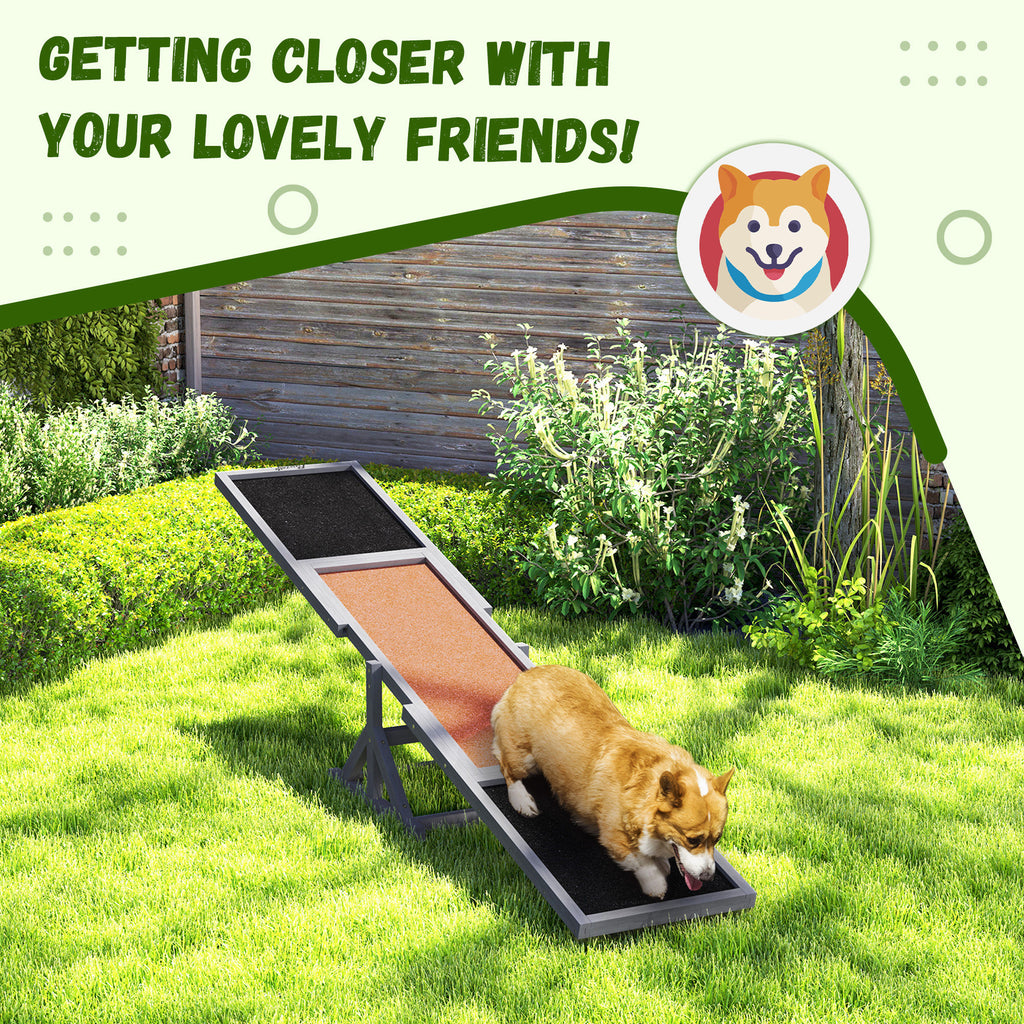 Dog approaching a gray wooden agility seesaw in a yard