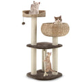 Hand-woven water hyacinth cat tree with three cats, sisal scratching posts and woven perches